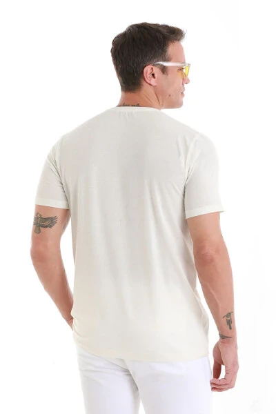 Ekru Regular Fit tekis velosiped yoqali zig'ir futbolka-Ek - 6