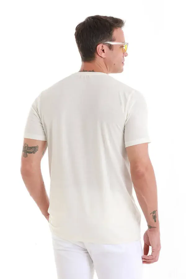 Ekru Regular Fit tekis velosiped yoqali zig'ir futbolka-Ek - 6