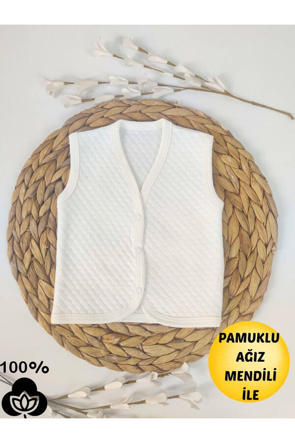 Ekru renkli bebek yeleği, %100 pamuk, kapitone, çıtçıtlı, kolsuz, hediyelik. - 1