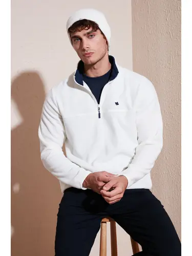 Ekru Slim Fit Anti-Pilling Tüylenme Yapmayan Bato Yaka Kışlık Şardonlu Erkek Polar 5906001-Ekru 