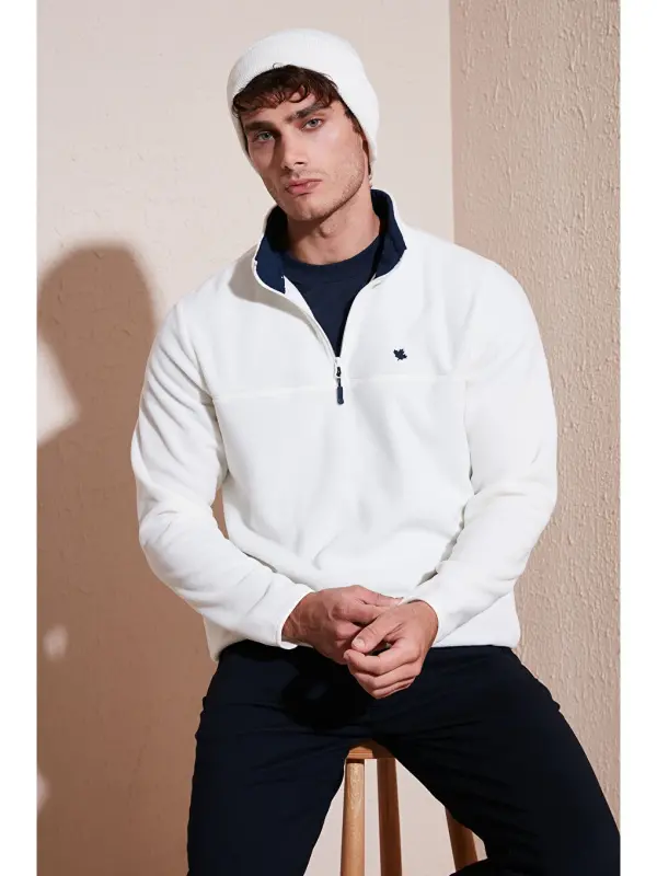 Ekru Slim Fit Anti-Pilling Tüylenme Yapmayan Bato Yaka Kışlık Şardonlu Erkek Polar 5906001-Ekru - LC WAIKIKI