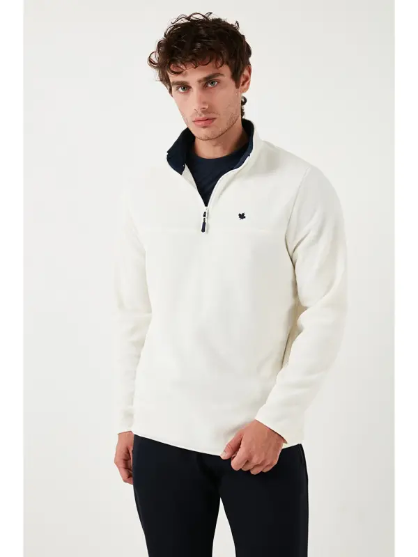 Ekru Slim Fit Anti-Pilling Tüylenme Yapmayan Bato Yaka Kışlık Şardonlu Erkek Polar 5906001-Ekru - 2