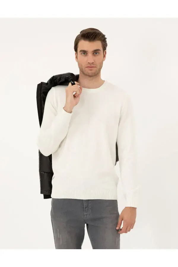 Ekru Slim Fit Bisiklet Yaka Basic Triko Kazak 50296575-VR019-Ekru - 1