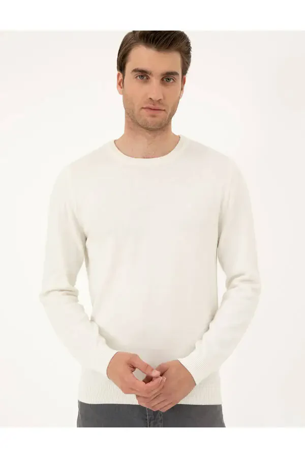 Ekru Slim Fit Bisiklet Yaka Basic Triko Kazak 50296575-VR019-Ekru - 3