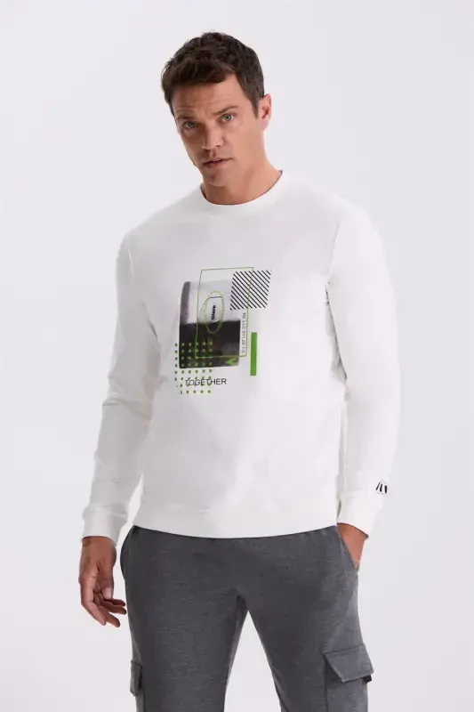Ekru Slim Fit Baskılı Bisiklet Yaka Dar Kesim Baskılı %100 Pamuk Sweatshirt - 1