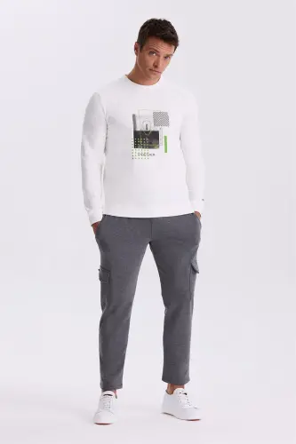 Ekru Slim Fit Baskılı Bisiklet Yaka Dar Kesim Baskılı %100 Pamuk Sweatshirt - 2