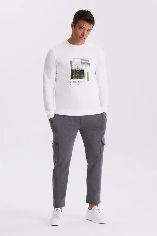 Ekru Slim Fit Baskılı Bisiklet Yaka Dar Kesim Baskılı %100 Pamuk Sweatshirt - 2
