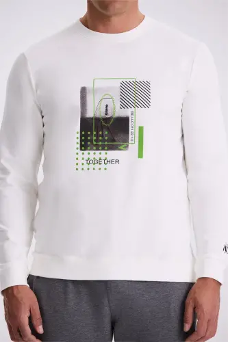 Ekru Slim Fit Baskılı Bisiklet Yaka Dar Kesim Baskılı %100 Pamuk Sweatshirt - 3