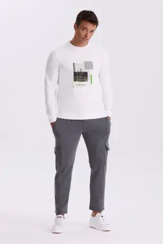 Ekru Slim Fit Baskılı Bisiklet Yaka Dar Kesim Baskılı %100 Pamuk Sweatshirt - Jakamen (1)