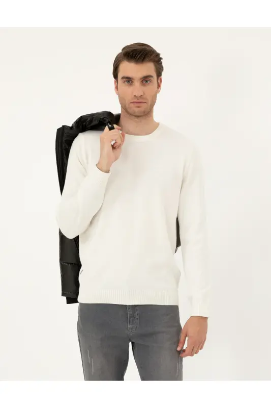 Ekru Slim Fit Bisiklet Yaka Basic Triko Kazak 50296575-VR019 - Ekru - 1
