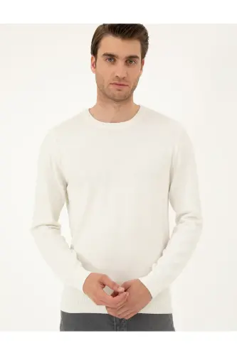 Ekru Slim Fit Bisiklet Yaka Basic Triko Kazak 50296575-VR019 - Ekru - 3