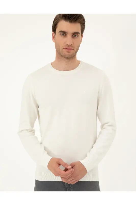 Ekru Slim Fit Bisiklet Yaka Basic Triko Kazak 50296575-VR019 - Ekru - 3