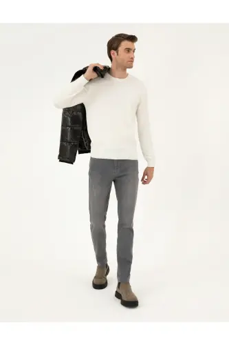 Ekru Slim Fit Bisiklet Yaka Basic Triko Kazak 50296575-VR019 - Ekru - 4