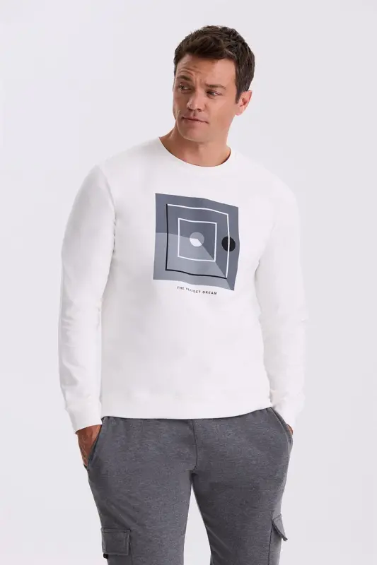 Ekru Slim Fit Bisiklet Yaka Baskılı %100 Pamuk Sweatshirt - 1