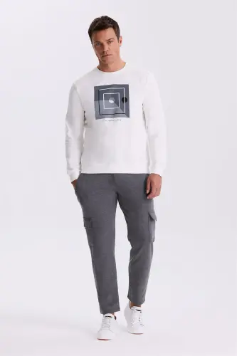 Ekru Slim Fit Bisiklet Yaka Baskılı %100 Pamuk Sweatshirt - JAKAMEN (1)