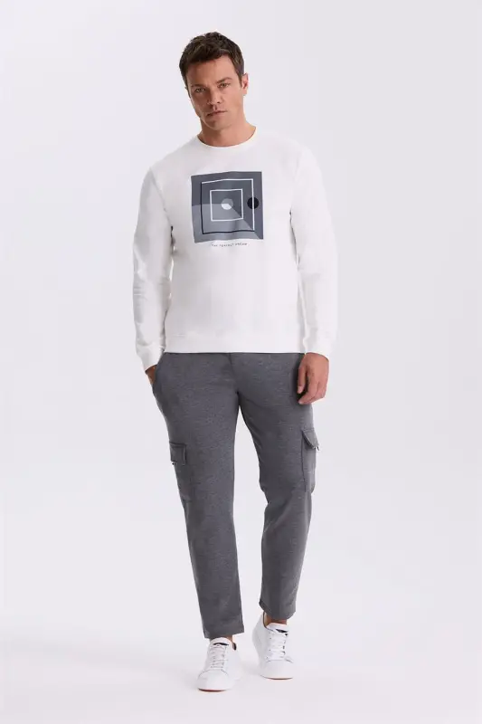 Ekru Slim Fit Bisiklet Yaka Baskılı %100 Pamuk Sweatshirt - 2