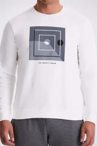 Ekru Slim Fit Bisiklet Yaka Baskılı %100 Pamuk Sweatshirt - 3