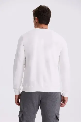 Ekru Slim Fit Bisiklet Yaka Baskılı %100 Pamuk Sweatshirt - 4