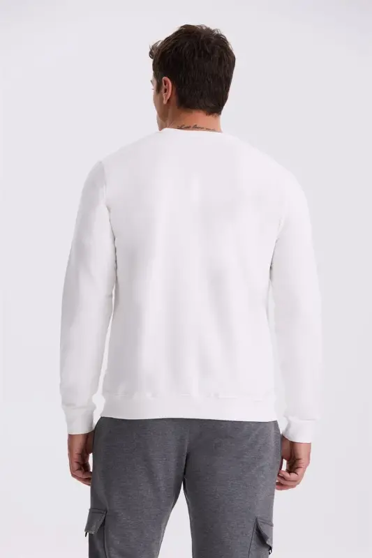 Ekru Slim Fit Bisiklet Yaka Baskılı %100 Pamuk Sweatshirt - 4