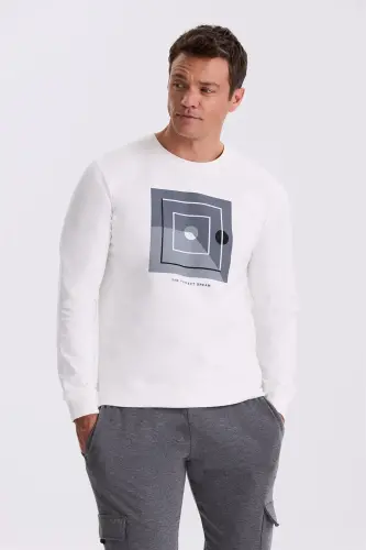 Ekru Slim Fit Bisiklet Yaka Bosma %100 Paxta Sviter - 1