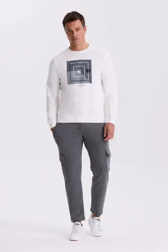 Ekru Slim Fit Bisiklet Yaka Bosma %100 Paxta Sviter - JAKAMEN (1)