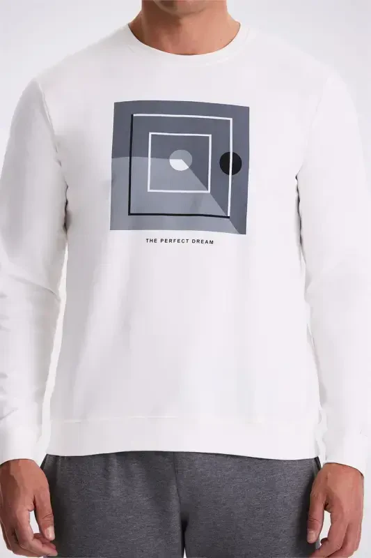 Ekru Slim Fit Bisiklet Yaka Bosma %100 Paxta Sviter - 3