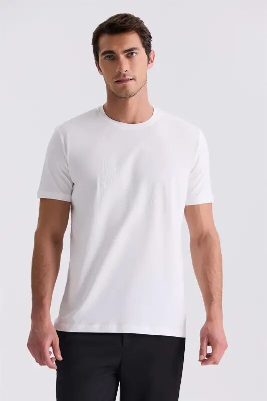 Ekru Slim Fit Bisiklet Yaka T-Shirt - Jakamen