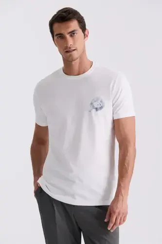 Ekru Slim Fit Bisiklet Yaka T-Shirt 