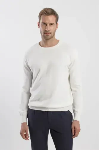 Ekru Slim Fit Bisiklet Yaka Triko Kazak 