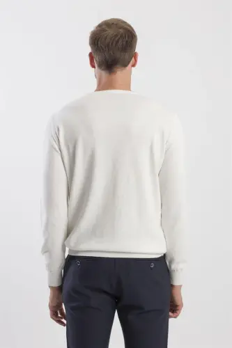 Ekru Slim Fit Bisiklet Yaka Triko Kazak - 4