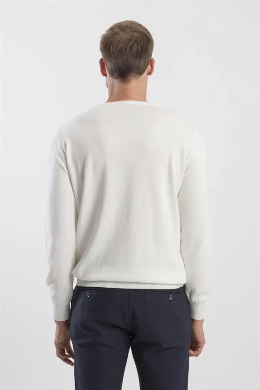 Ekru Slim Fit Bisiklet Yaka Triko Kazak - 4