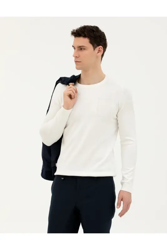 Ekru Slim Fit Bisiklet Yaka Triko Kazak 50281779-VR019 - 142343 - 1