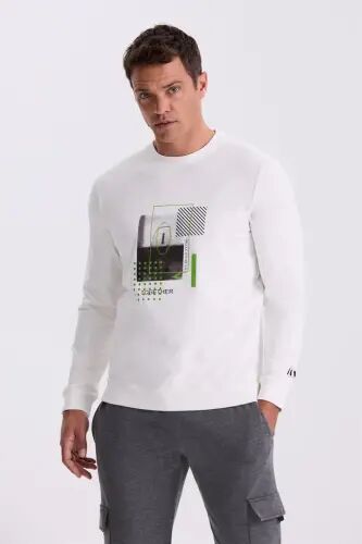 Ekru Slim Fit Bosma Naqshli Yumaloq Yoqali Tor Bichimli Bosma Paxta %100 Svitshot - 1