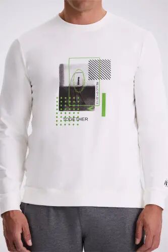 Ekru Slim Fit Bosma Naqshli Yumaloq Yoqali Tor Bichimli Bosma Paxta %100 Svitshot - 3
