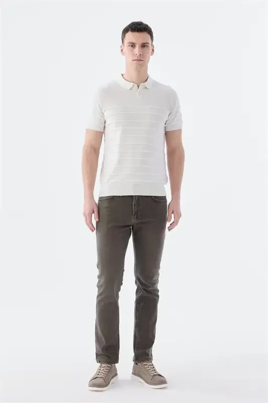 Ekru Slim Fit Düğmeli Polo Yaka T-Shirt - 2