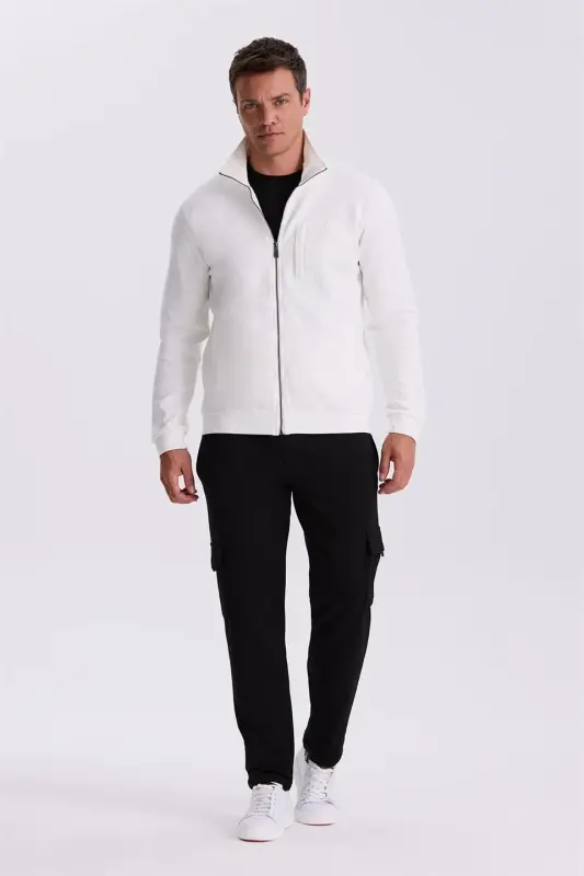 Ekru Slim Fit Fermuarlı Pamuklu Likralı Eşofman Üstü - 1