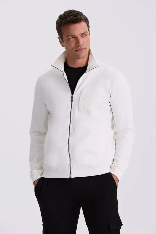 Ekru Slim Fit Fermuarlı Pamuklu Likralı Eşofman Üstü - 2
