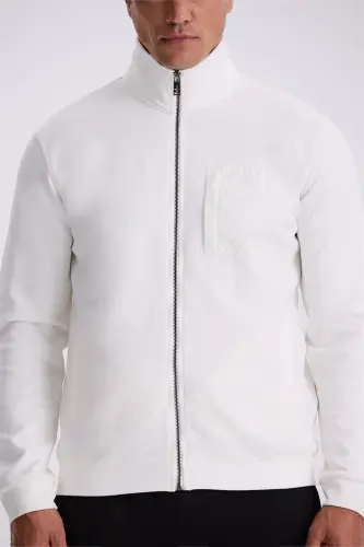 Ekru Slim Fit Fermuarlı Pamuklu Likralı Eşofman Üstü - 3