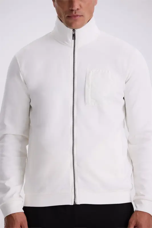 Ekru Slim Fit Fermuarlı Pamuklu Likralı Eşofman Üstü - 3