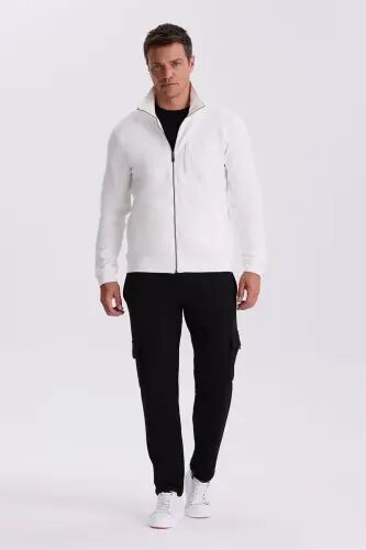 Ekru Slim Fit Fermuarlı Pamuklu Likralı Eşofman Üstü - 1