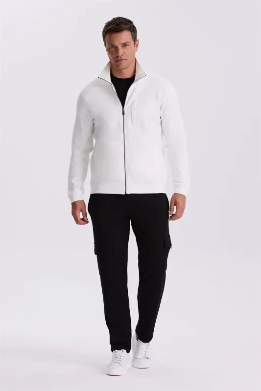 Ekru Slim Fit Fermuarlı Pamuklu Likralı Eşofman Üstü - 1