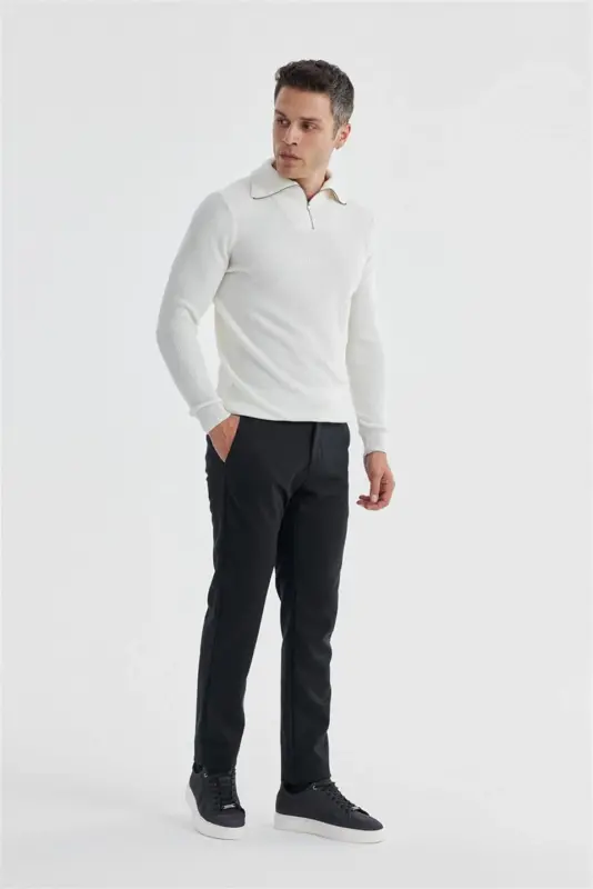 Ekru Slim Fit Jun Zipli Yaka Triko - JAKAMEN