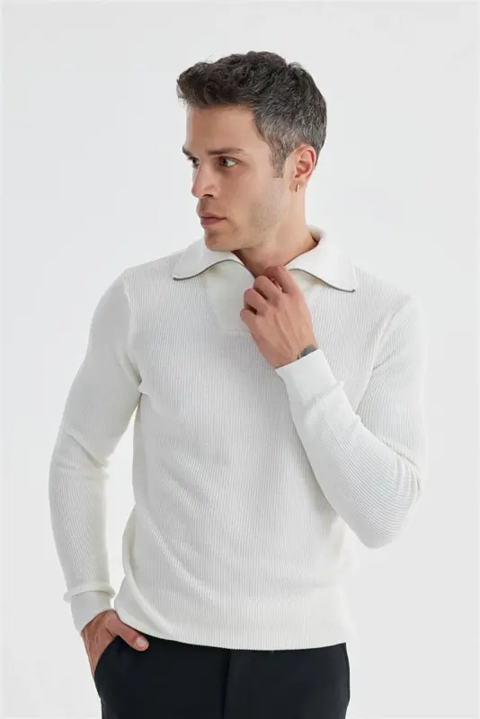 Ekru Slim Fit Jun Zipli Yaka Triko - 2