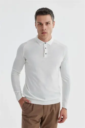 Ekru Slim Fit Junli Naqshli Polo Yoqali Trikotaj - 1