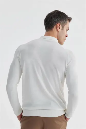 Ekru Slim Fit Junli Naqshli Polo Yoqali Trikotaj - 3