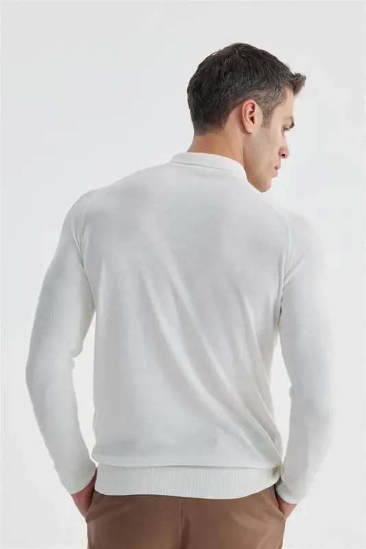 Ekru Slim Fit Junli Naqshli Polo Yoqali Trikotaj - 3