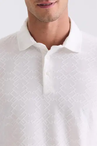 Ekru Slim Fit naqshli polo yoqali futbolka - 3