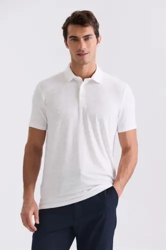Ekru Slim Fit naqshli polo yoqali futbolka 
