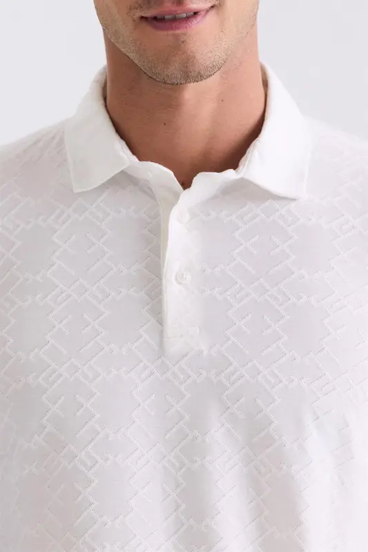 Ekru Slim Fit naqshli polo yoqali futbolka - 3