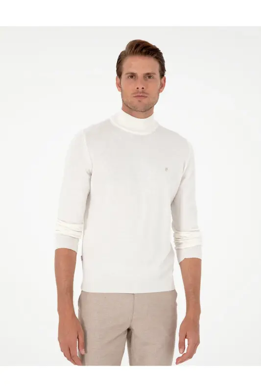 Ekru Slim Fit Yarım Balıkçı Yaka Basic Triko Kazak 50296614-VR019 - Ekru - 3